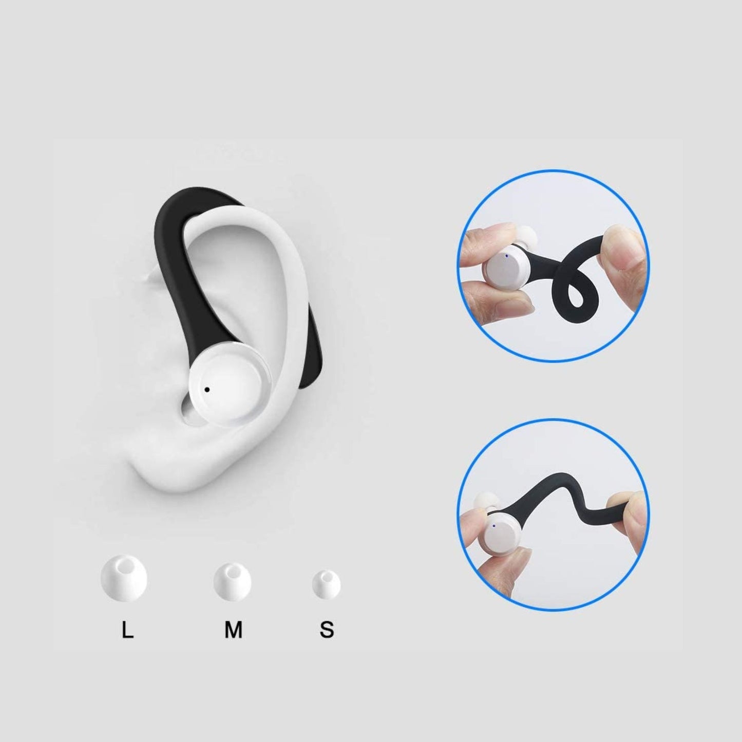 Earbuds with hooks made from soft silicon and with with flexible design