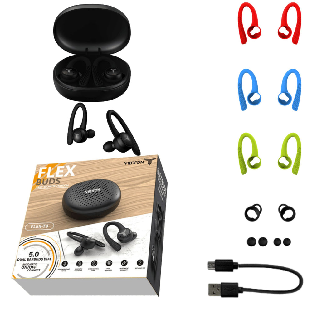 
                  
                    Flex T8 wireless earbuds with earhooks- what is in the box
                  
                